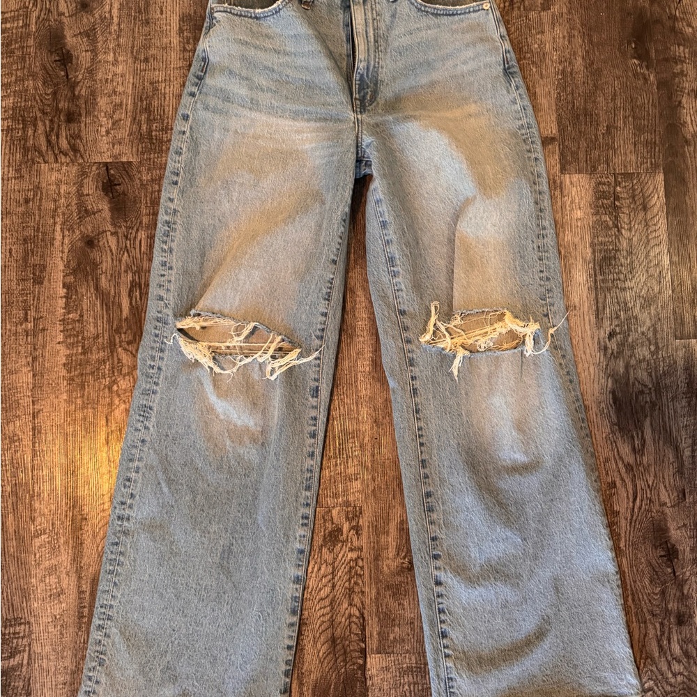 Madewell Blue Super Wide Leg Jeans with Vintage Fade and Distressing